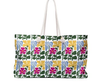 Borsa da weekend con motivo floreale colorato / Borsa tote retrò a righe floreali
