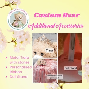 Add-on Accessories - Custom Quinceañera Bear Accessories Upgrade: Metal Tiara, Personalized Ribbon, Doll Stand