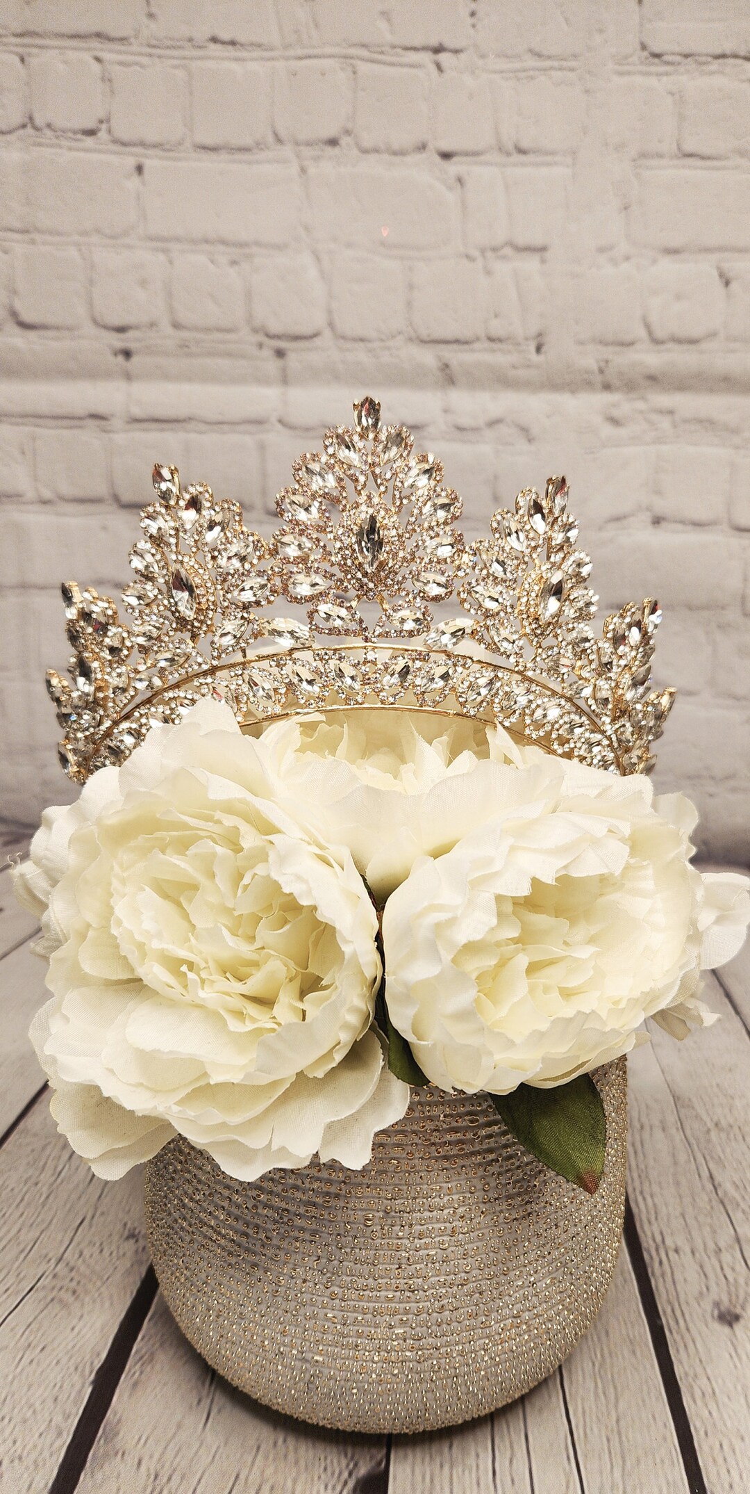7566 Gold Crowns and Tiaras Cubic Zirconia Quinceanera Crown Sweet 16 Tiara Zirconia Quinceanera Tiara, Teardrop Gems, Bridal Wedding  main image 2