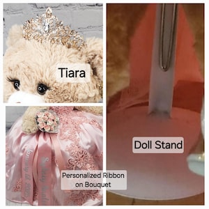 Add-on - Quinceañera Bear Accessories Upgrade: Metal Tiara, Personalized Ribbon, Doll Stand