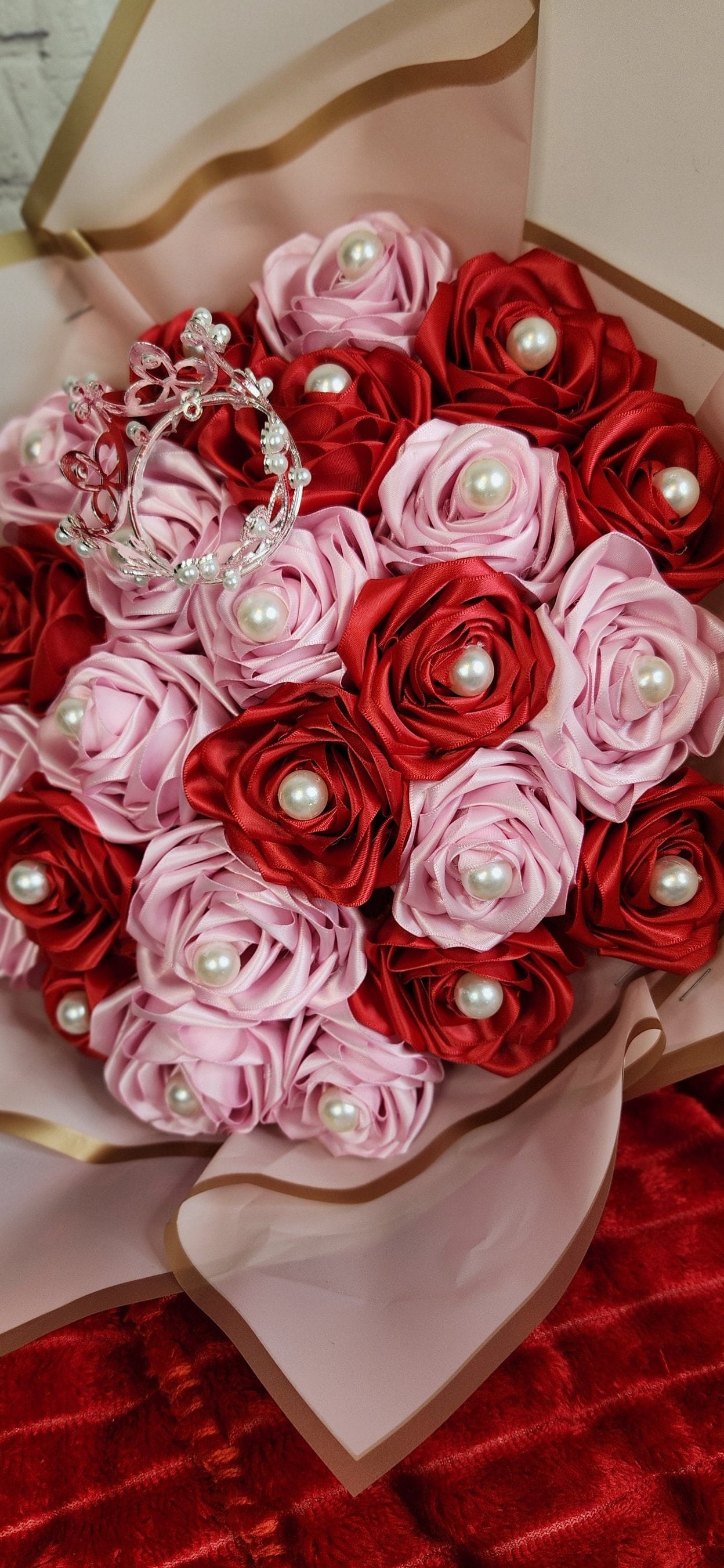 Eternal Rose Ribbon Bouquet - 2 Dozen Roses With Pearls, Tiara and