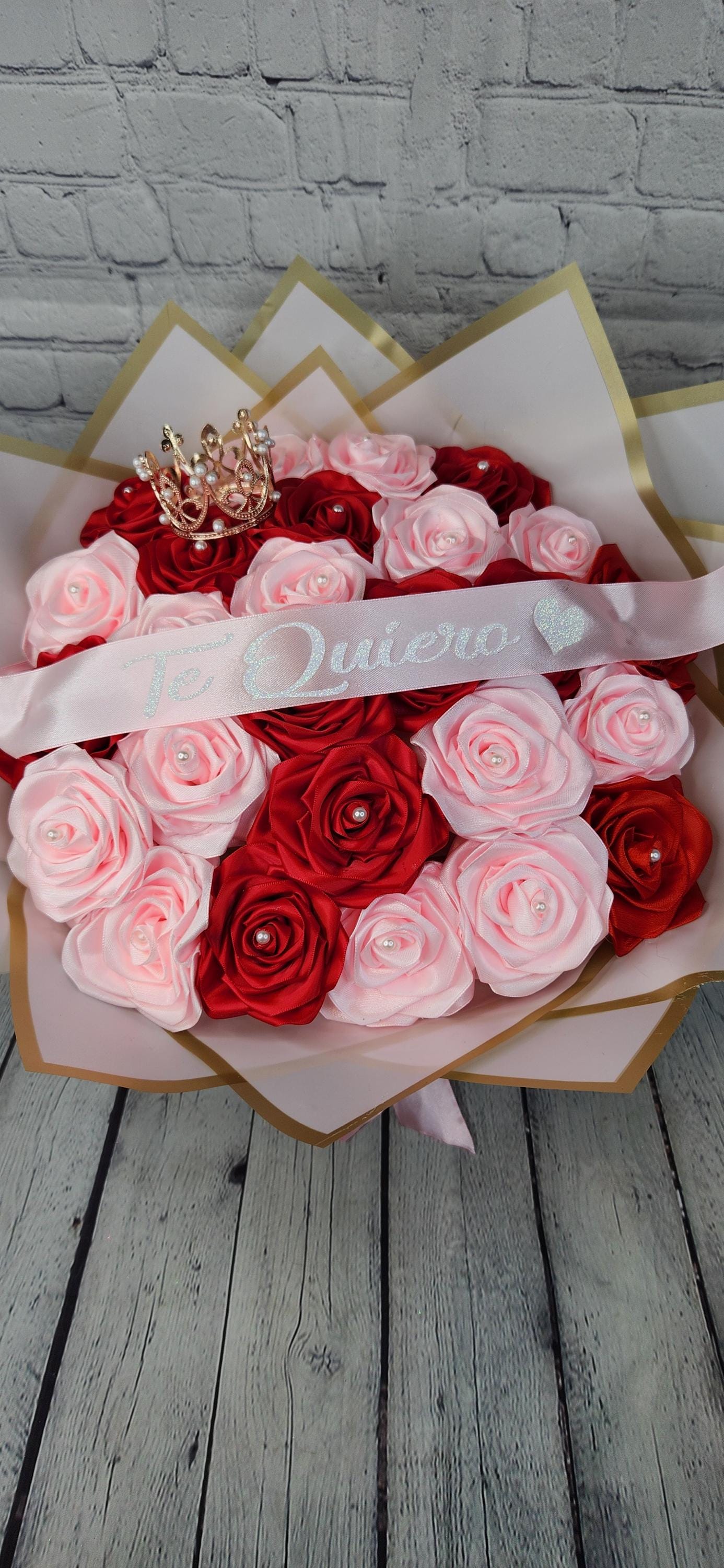 Eternal Rose Ribbon Bouquet - 2 Dozen Roses With Pearls, Tiara and