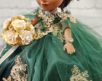 Custom Quinceanera Dress for Disney Doll  Green and Gold Dress, Tiara &  Bouquet - Etsy
