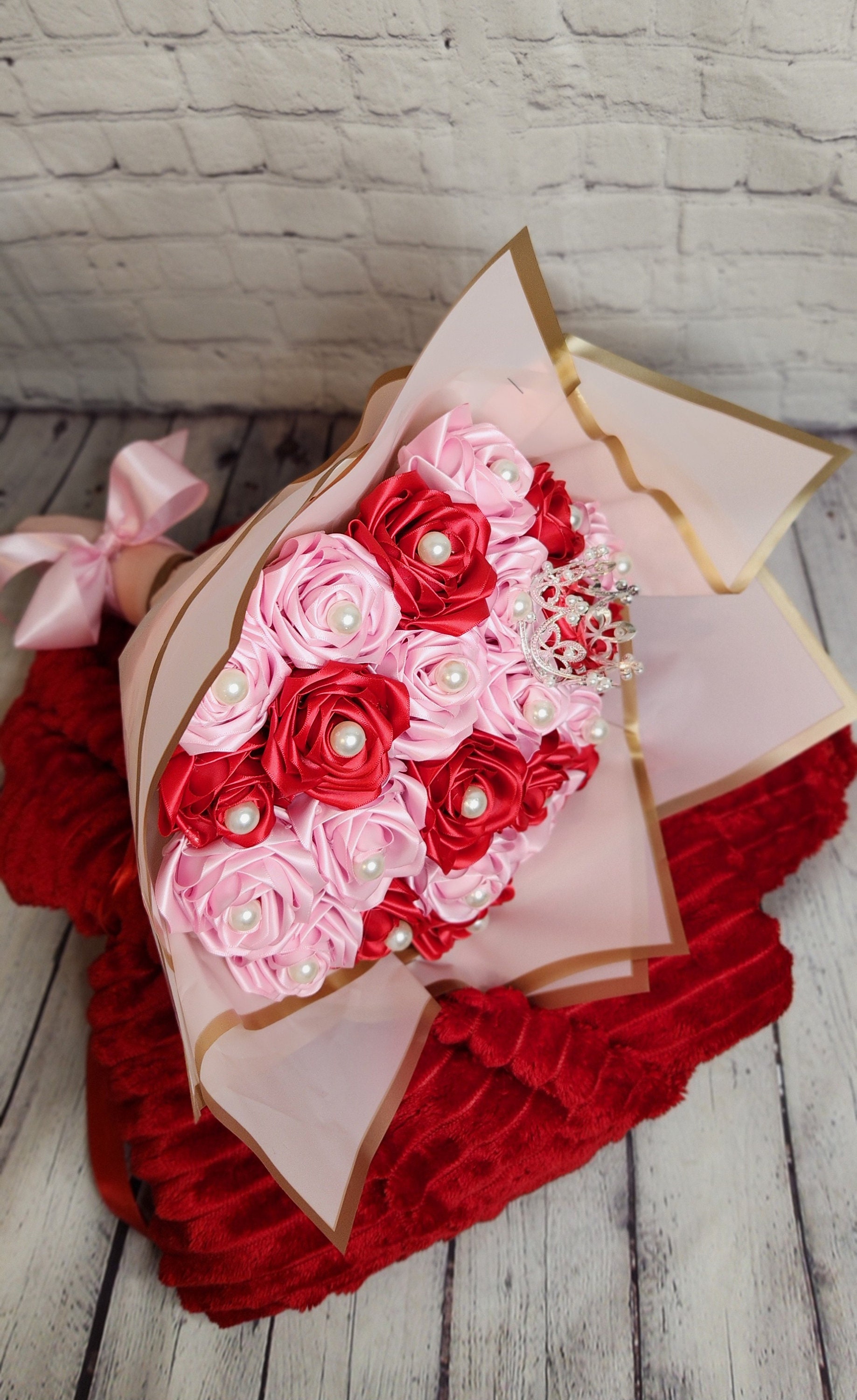 Eternal Rose Ribbon Bouquet - 2 Dozen Roses With Pearls, Tiara and