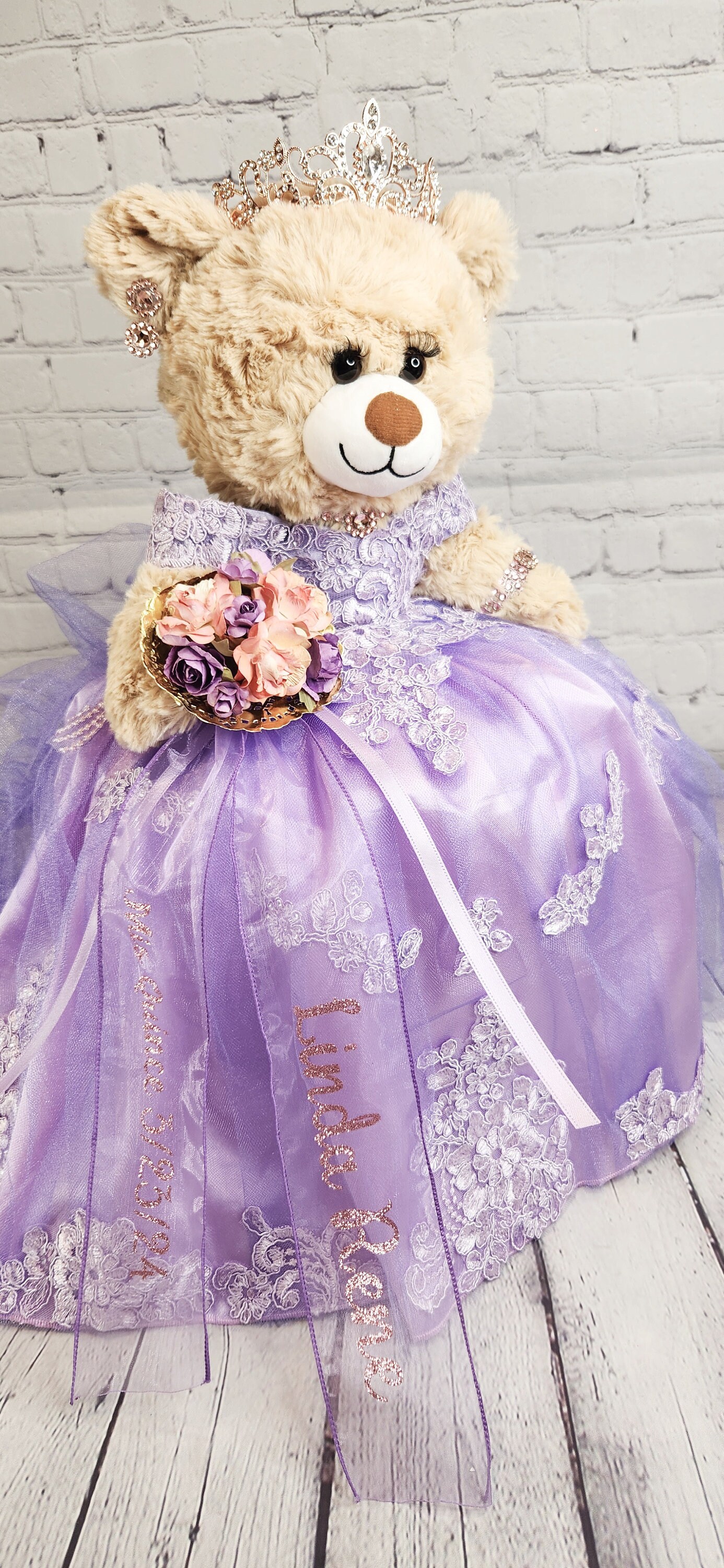 KINNEX COLLECTIONS Quinceañera Teddy Bear – 12" Lavender Dress Bear With Tiara & Embroidery 'Mis 15 Años'
