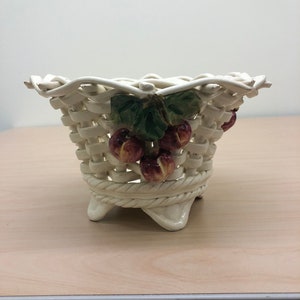 Vintage Woven Porcelain Fruit Basket Hand Painted in Italy Home Decor 8&quot;x4&quot;