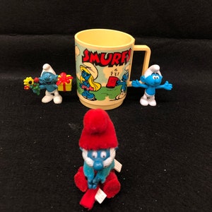 Smurfs Plastic Deka Cup/Mug 1980s Vintage Plus 3 Smurf Figurines