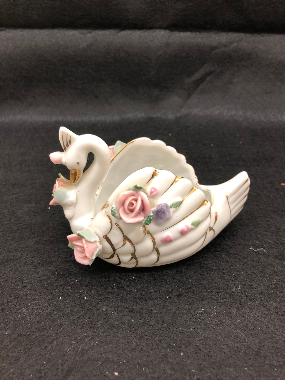 Small Ceramic Swan Vase Gold Trim Pink Roses Vintage 4 Etsy
