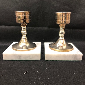 Vintage Candle Holder Brass w/ Marble Base, 2 Candlestick Holders