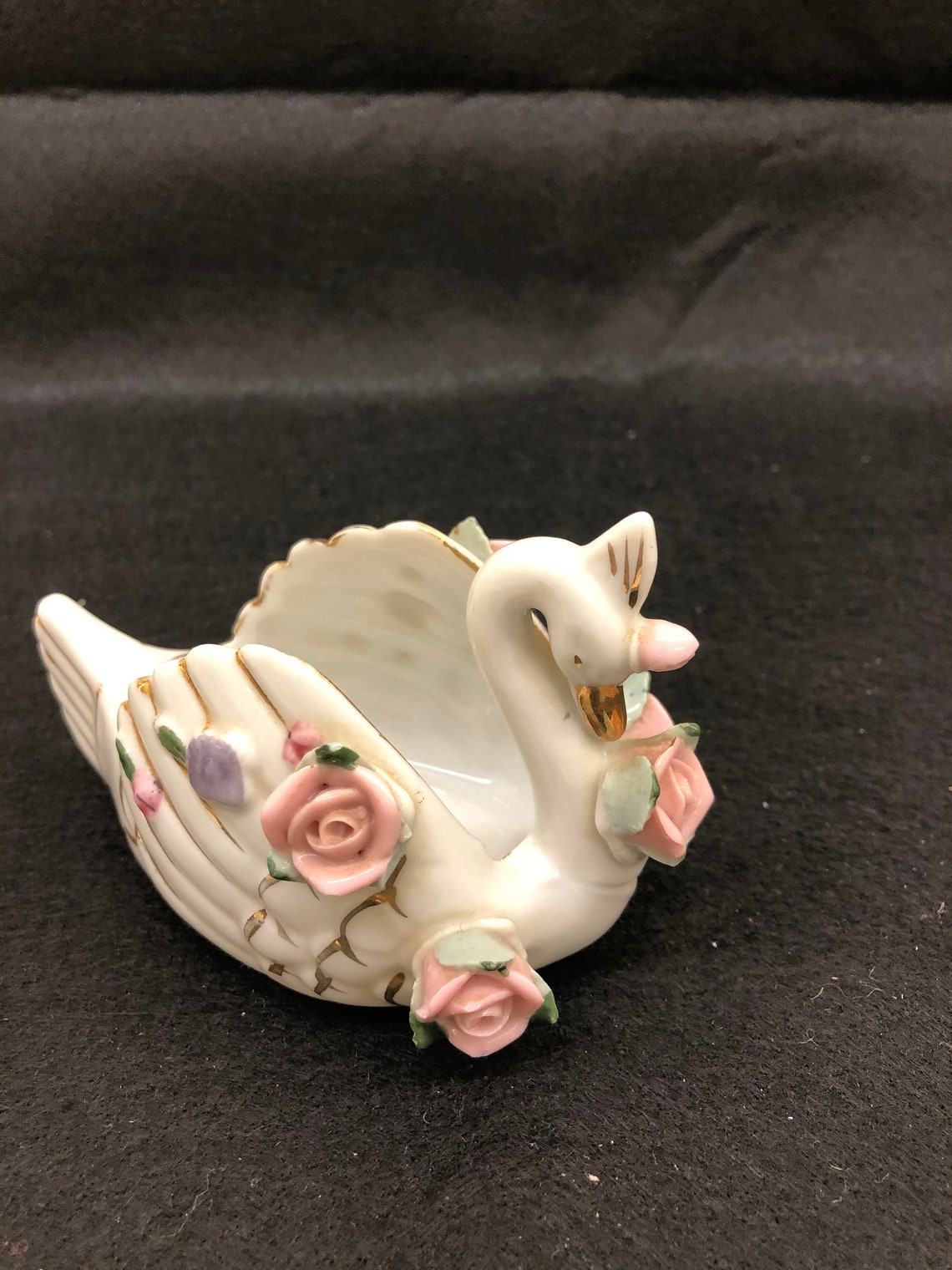 Small Ceramic Swan Vase Gold Trim Pink Roses Vintage 4 Etsy