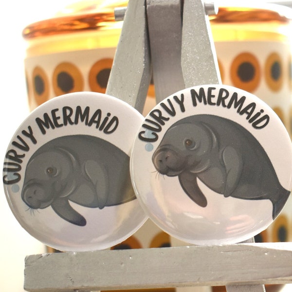 Curvy Mermaid Button | Fridge Magnet | Backpack Pins | Manatee Pin | Sea Cow Button | Funny Pin | Mermaid Pin | Ocean Lover | Beach Babe