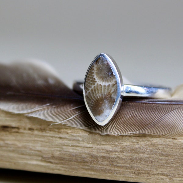 Petoskey Stone Ring | Size US 7 1/4 | Sterling Silver .925 | 12x6MM Stone