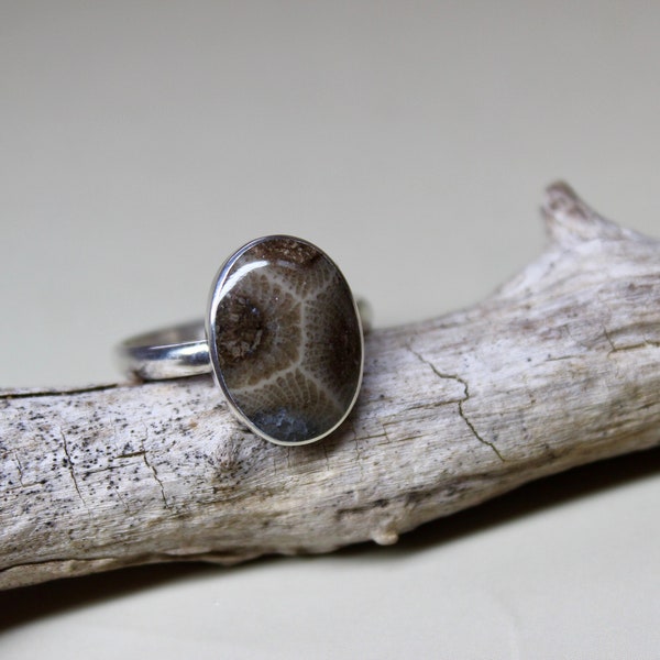 Petoskey Stone Ring | Size US 7.5 | Sterling Silver .925 | 14x10MM Stone