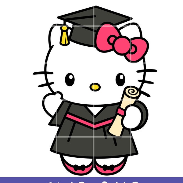 Graduado Kitty svg, senior svg, escuela svg, kawaii svg, cricut, archivo de corte vectorial de silueta, graduación SVG, lindo kawaii escuela svg, diploma