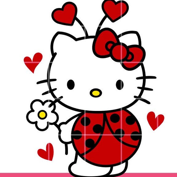 Ladybug Kitty Svg, Hello Valentine Svg, Hello Kawaii Svg, Valentine Kawaii Svg, Cricut, Silhouette Vector Cut File, Sublimation, Love Bug