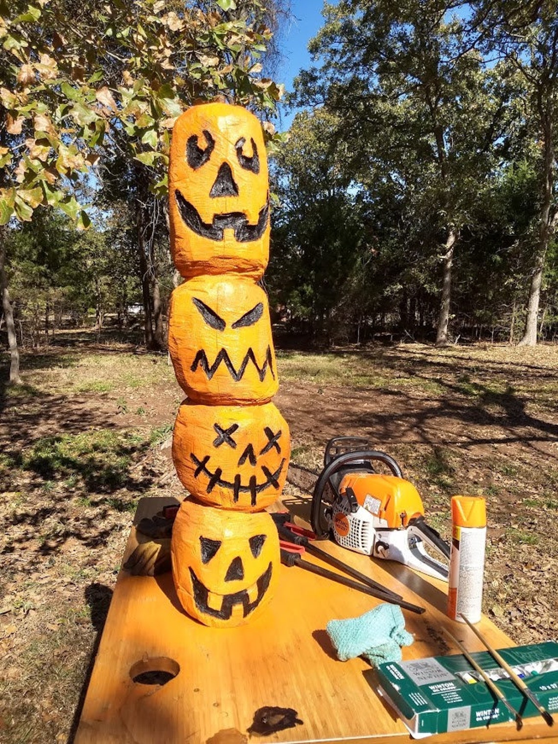 Hand Carved Halloween Pumpkin Totem - Etsy