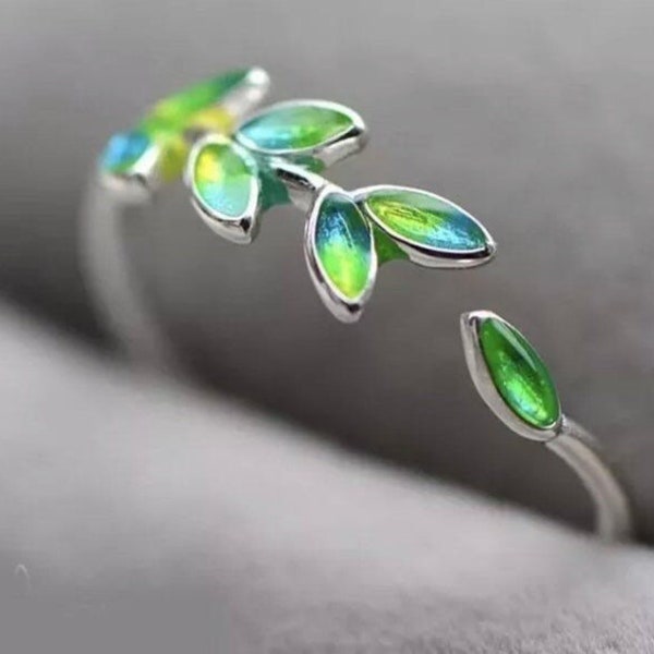 925 Sterling Silver filled Ring, Opal Leaf Ring, Green leaf Adjustable Silver Open Ring, Boho ring