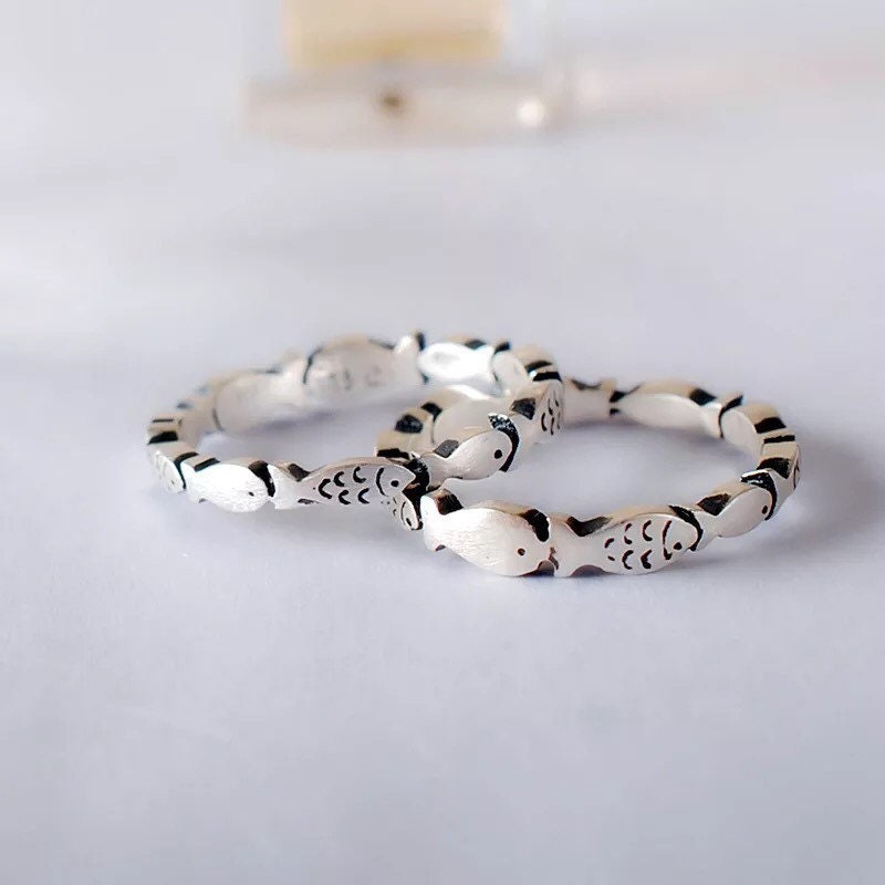 925 Sterling Silver filled Ring fish pattern ring unique Etsy