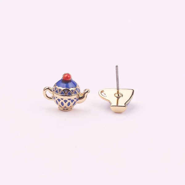 Hand painted Enamel Glaze Earrings ALICE in Wonderland stud earrings steampunk tea cups retro Vintage