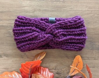 Bandeau cache-oreilles pour femmes, bandeau en tricot épais | FAIT MAIN – 100% laine | Bandeau en tricot torsadé en violet