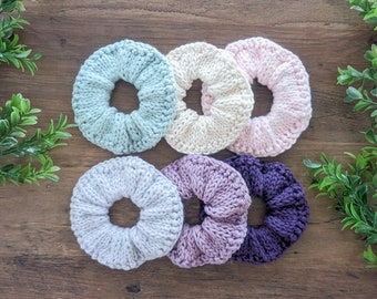 Hand Knit Scrunchies | Soft cotton scrunchies, pastel scrunchies, knitted hair accessories