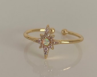 Opal North Star Ring, Gold Vermeil Ring, Adjustable Ring, Opal Starburst Ring, Celestial Ring, Polaris Star Ring, Gold CZ Star Ring