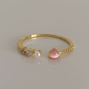 Pink Pearl Ring, Gold Vermeil Ring, Adjustable Ring, Pink Gemstone Ring, Freshwater Pearl Ring, Dainty Gold Ring