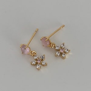 Pink Gem and Flower Dangle Studs, Gold Vermeil Stud Earrings, Floral Earrings, Dainty Pink Earrings