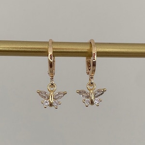 Dainty CZ Butterfly Huggies, Gold Filled Huggie Hoop Earrings, Gold CZ Butterfly Huggies, Handmade Earrings