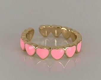 Heart Ring, Enamel Heart Ring, Gold Filled Ring, Adjustable Ring, Pink Heart Ring, Y2K Retro Ring