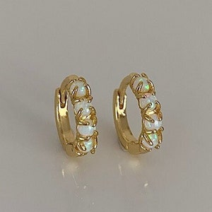Tiny Gold Opal Huggies, Gold Opal Hoop Earrings, Small Opal Hoops, Dainty Opal Earrings, Opal Gemstone Earrings