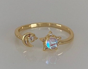 Moonstone and Star Gold Vermeil Adjustable Ring