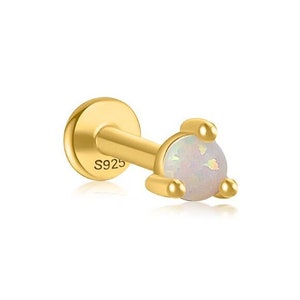 Opal Round Labret, Gold Vermeil Labret Piercing, Flat Back Cartilage Earring, Opal Cartilage Stud, Opal Helix Tragus Piercing