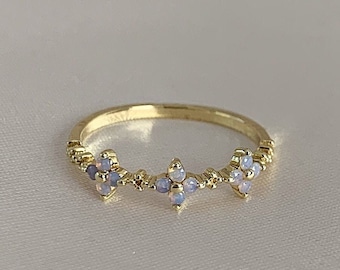Tiny Opal Flowers Ring, Gold Vermeil Ring, Moonstone Ring, Iridescent Ring, Dainty Flower Ring