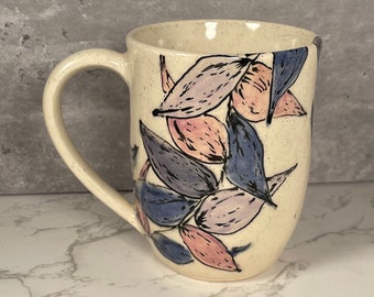 Handmade Ceramic Mug/ 12 oz. / Hand Painted/ Unique Pottery/ Leaves/Purple/ Coffee Cup #119