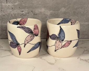 Handmade/ Ceramic Wine Cups/ 6 oz./ Hand Painted/Purple/Leaves/ Unique Pottery/ Clay Cups #123