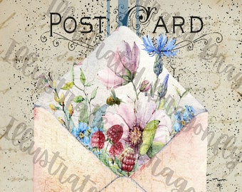 French Postcard Flower Envelope Printable Digital Download Clip art