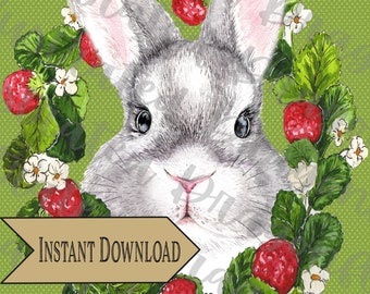 Easter Spring Bunny Strawberry Wreath Printable Digital Image Download Clip Art Sublimation
