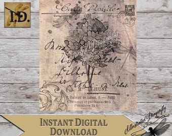Blumen & Libelle französische Postkarte Ephemera Carte Postale Druckbare digitaler Download Clip Art Sublimationsdruck DIY Schilderherstellung Blumen PNG