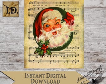 Vintage Santa Claus Music Sheet Christmas Digital Download Printable Image Clip Art Santa Sublimation PNG Print Vintage Music Ephemera