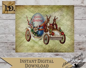 Vintage Easter Rabbit Bunny Car Printable Digital Instant Download Clip Art Sublimacja Drukuj Sztuka cyfrowa DIY Znak Making Easter Rabbit PNG