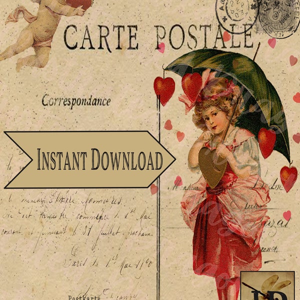 Vintage Valentine Girl Carte Postale Ephemera Printable Digital Download Clip Art