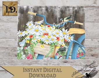 Flower Bicycle Flowers & Berries Printable Digital Download Clip Art Sublimation Print Floral Bike PNG Bicycle Digital Art Country Farmhouse