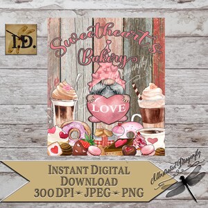 Valentine&#39;s Day Gnome Sweetheart&#39;s Bakery Sign Kitchen Printable Instant Digital Download Clip Art Sublimation Print Valentine Gnome PNG