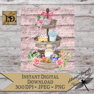 Tiered Tray Printable Roses Coffee French Kitchen Art Instant Download Digital Image Sublimation Print Tiered Tray PNG Digital Art DIY Sign