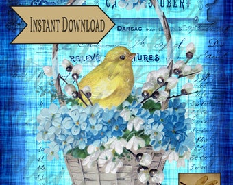 Vintage Easter Basket Chick Floral Printable Digital Instant Download Clip Art