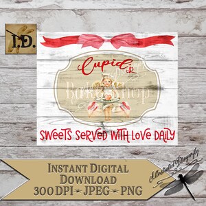 Valentine&#39;s Day Cupid&#39;s Bake Shop Kitchen Sign Printable Instant Digital Download ClipArt Sublimation Cherub Print Cupid PNG DIY Sign Making