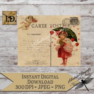 Vintage Valentinstag Mädchen Französisch Postkarte Ephemera Printable Sofortiger digitaler Download Clip Art Sublimationsdruck DIY Schilder machen Mädchen PNG