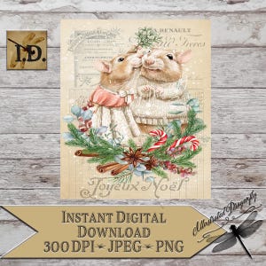 Cute Christmas Mouse Couple Under Mistletoe Vintage French Script Floral Printable Digital Art Instant Download Sublimation Print