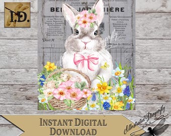 Easter Bunny Pink Girl Floral French Ephemera Printable Digital Image Download Clip Art Sublimation Print Easter Bunny Basket PNG DIY Sign